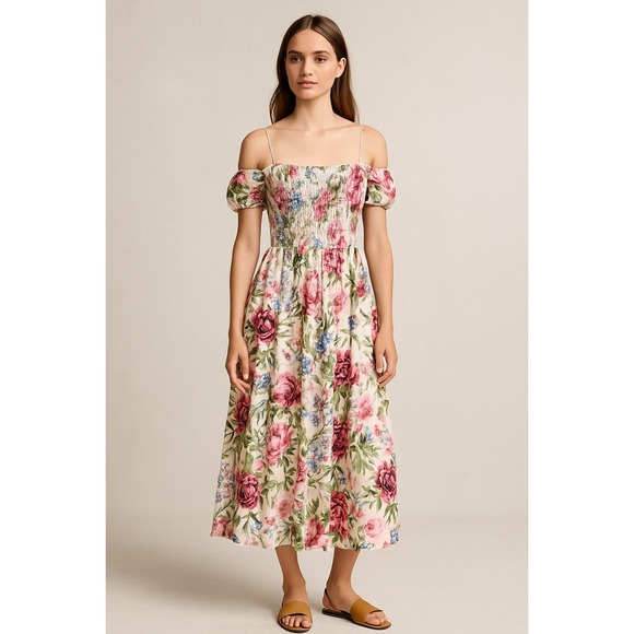 Moda International Dresses & Skirts - Moda Int'l Dress Women XS Floral Cold Shoulder Midi‎ Cottage Praire Garden Vtg